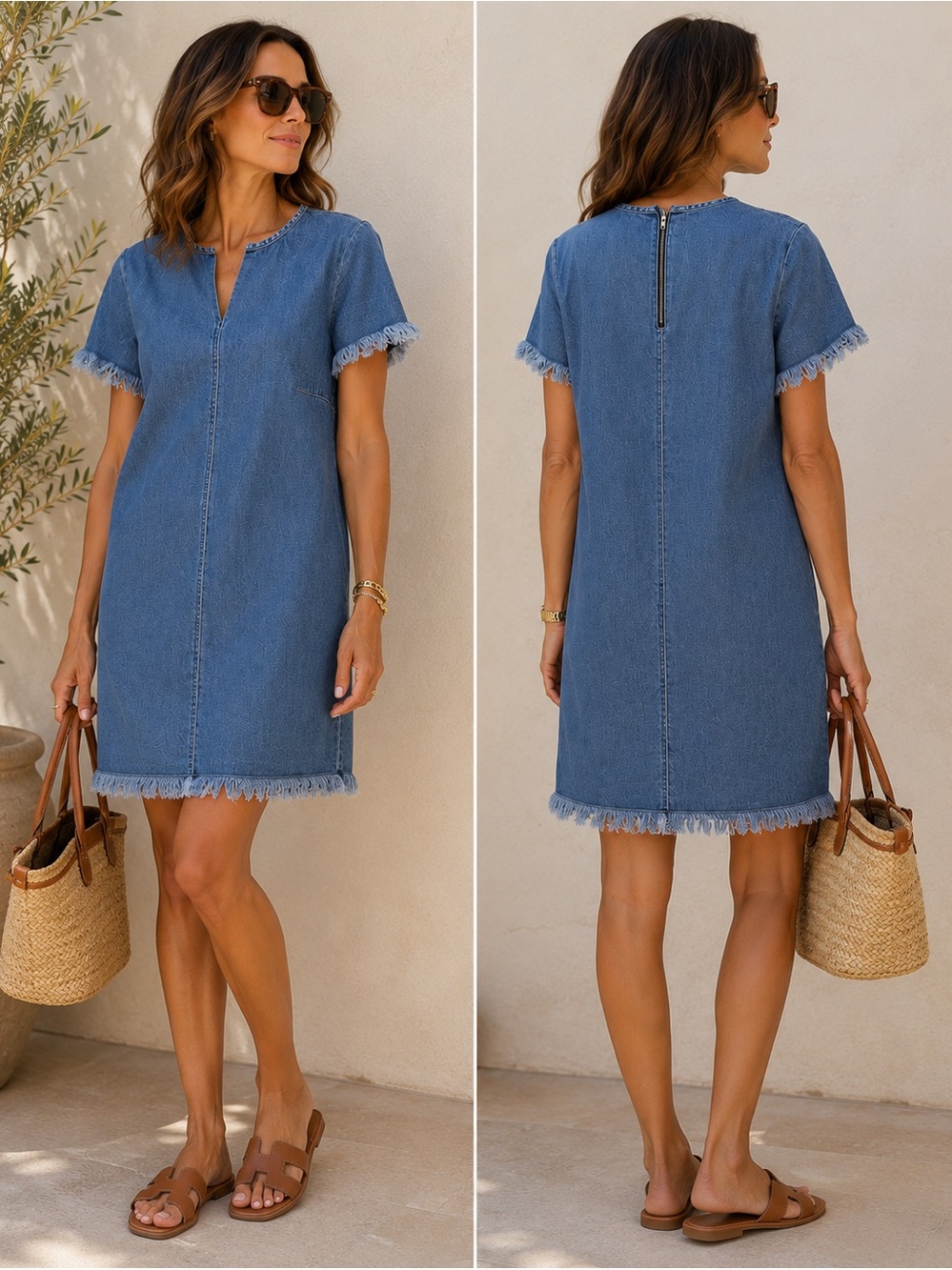 Fabiana Filippi Italy Beaded Neck Denim Shift Dress Frayed Hem